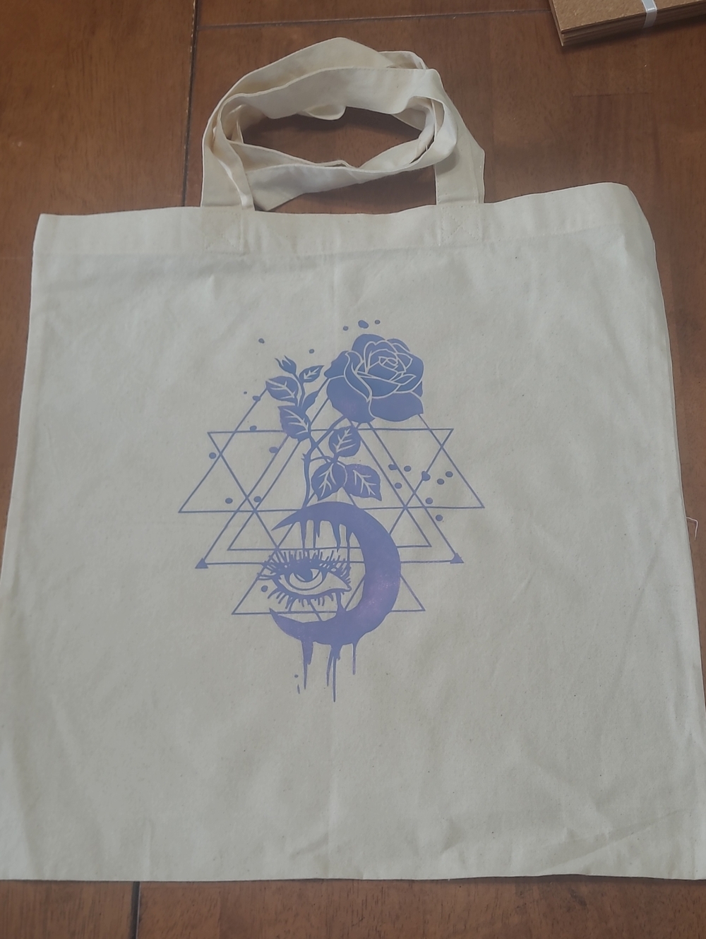 Canvas Tote Bag with Purple/Bluish Rose & Crescent Geometric Print